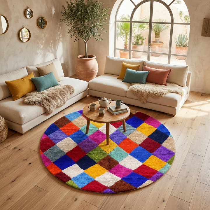 Round handmade Moroccan Berber rug with colorful checkerboard diamond pattern in multicolor wool.