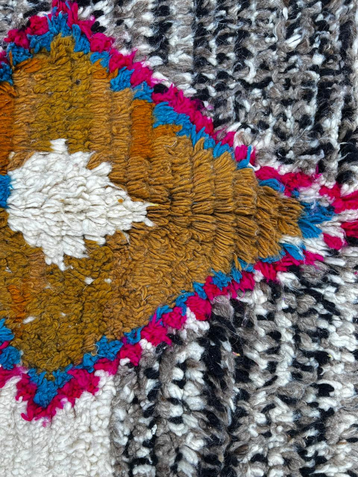 Handmade colorful Moroccan wool runner rug with geometric tribal patterns in pink, yellow, blue, green, and black on a white base.