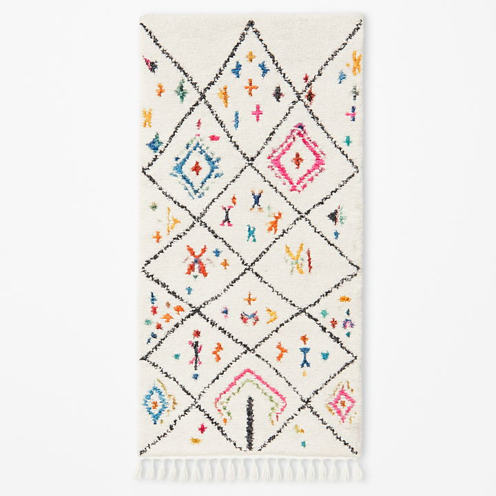 Handmade ivory Moroccan wool runner rug with colorful Berber motifs inside black diamond Beni Ourain pattern