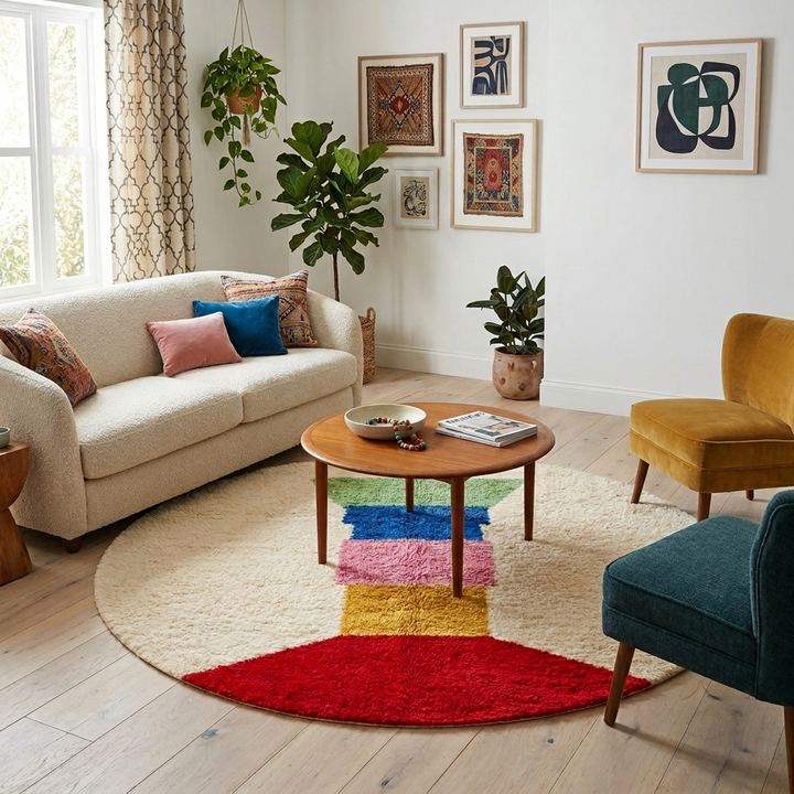 Colorful round Moroccan wool rug with handmade Berber design on white background.