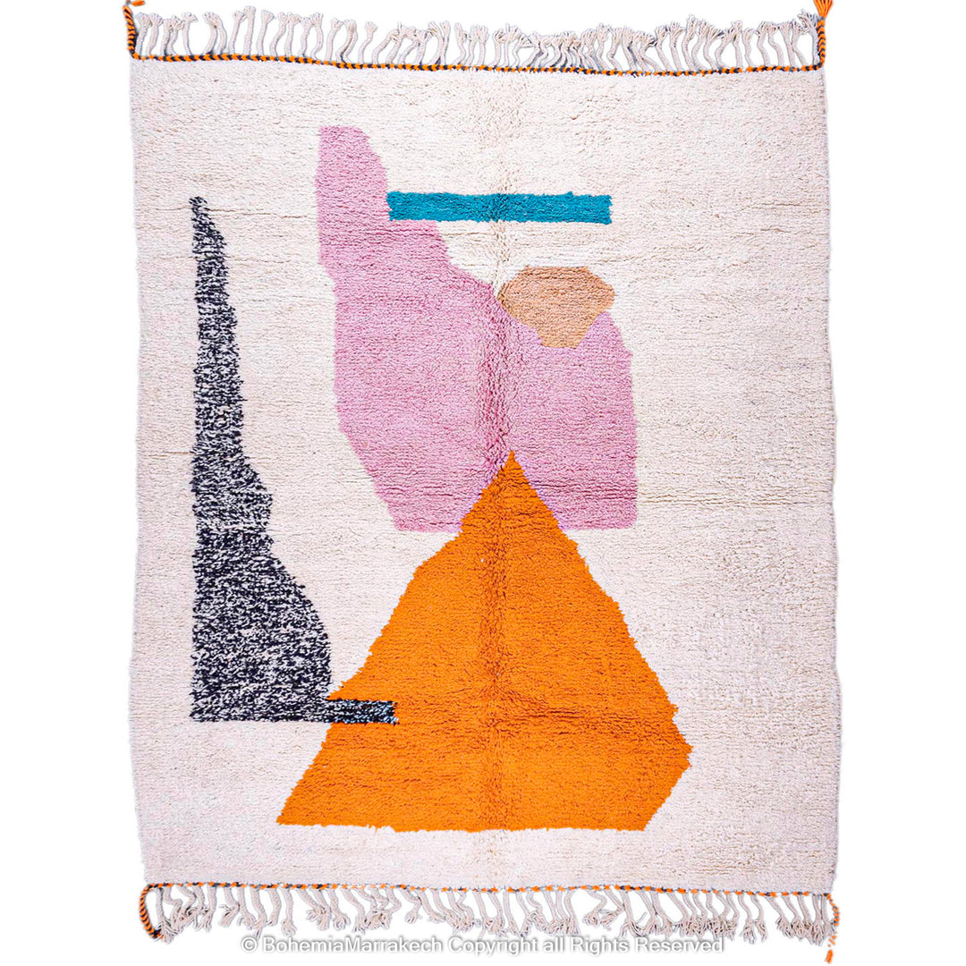 Abstract Beni Ourain Moroccan rug with colorful geometric shapes in orange, pink, black, and teal on a white wool background