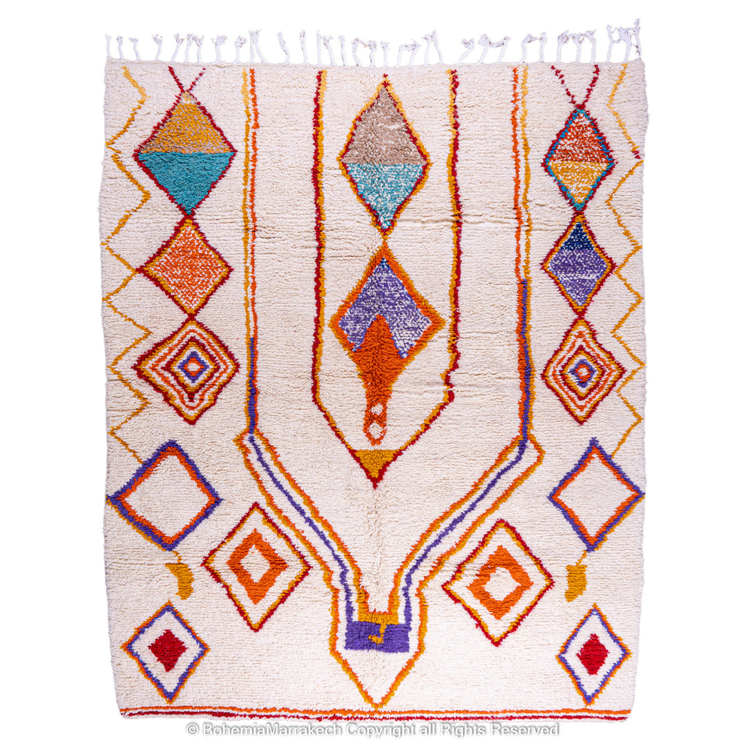 Handmade colorful Moroccan rug with bold tribal diamond pattern in orange, blue, red, and yellow on natural wool background