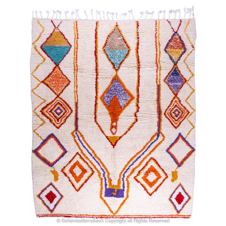 Handmade colorful Moroccan rug with bold tribal diamond pattern in orange, blue, red, and yellow on natural wool background