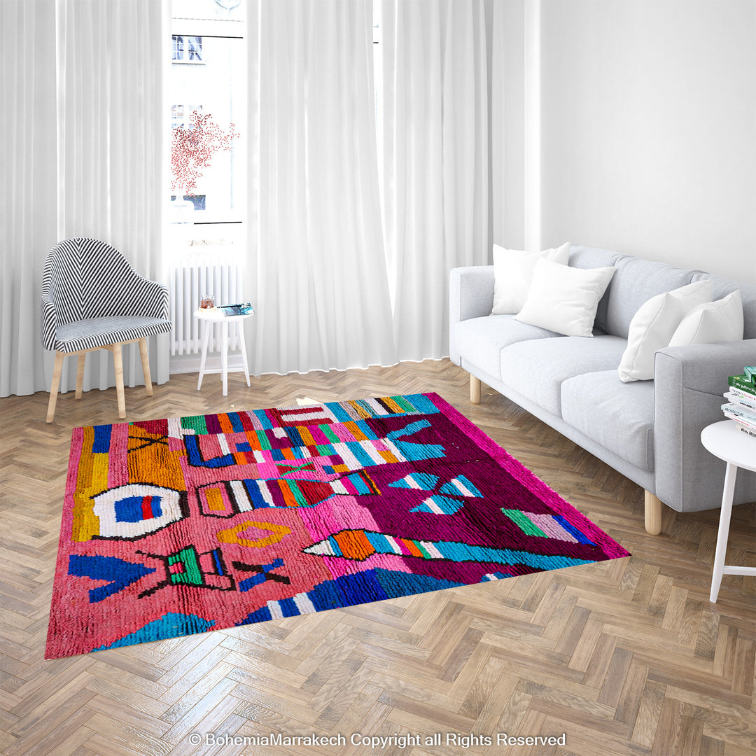 Colorful handmade Moroccan Boujaad rug with abstract Berber motifs and bold colors