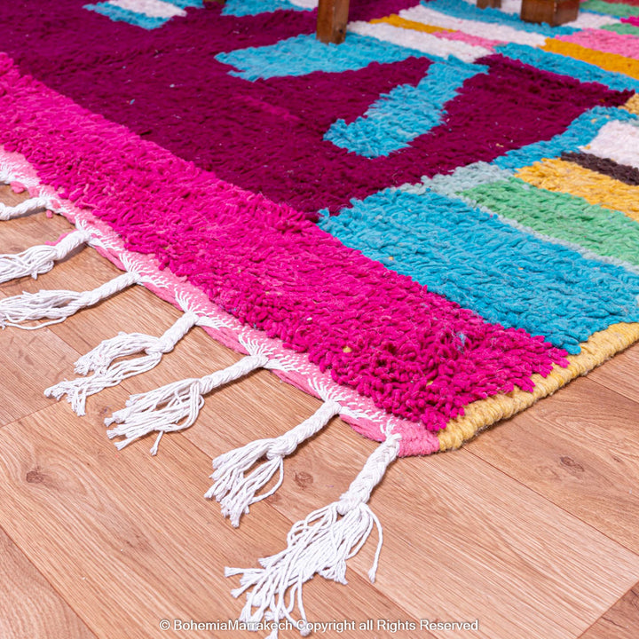 Colorful handmade Moroccan Boujaad rug with abstract Berber motifs and bold colors