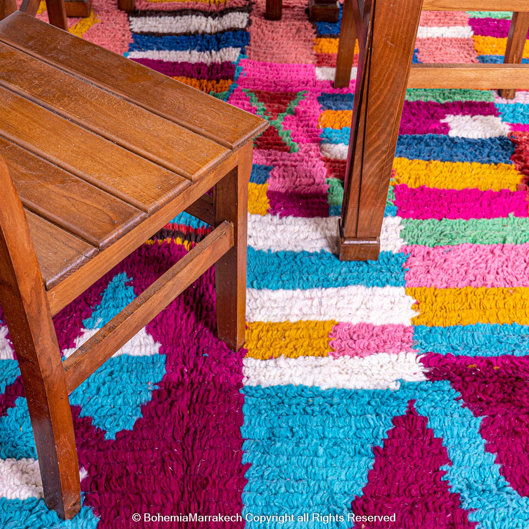Colorful handmade Moroccan Boujaad rug with abstract Berber motifs and bold colors
