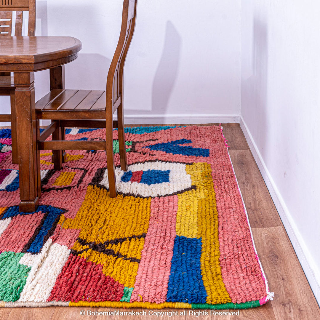 Colorful handmade Moroccan Boujaad rug with abstract Berber motifs and bold colors