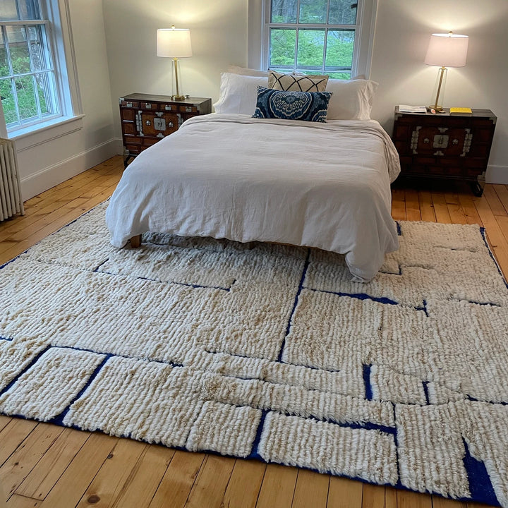 Custom White &amp; Blue Moroccan Wool Rug – Handmade