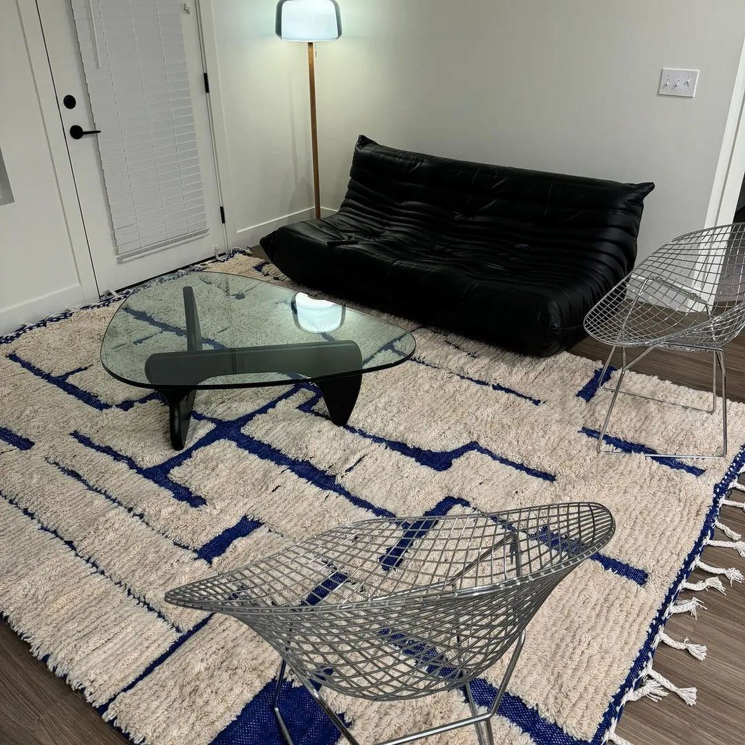 Custom White &amp; Blue Moroccan Wool Rug – Handmade