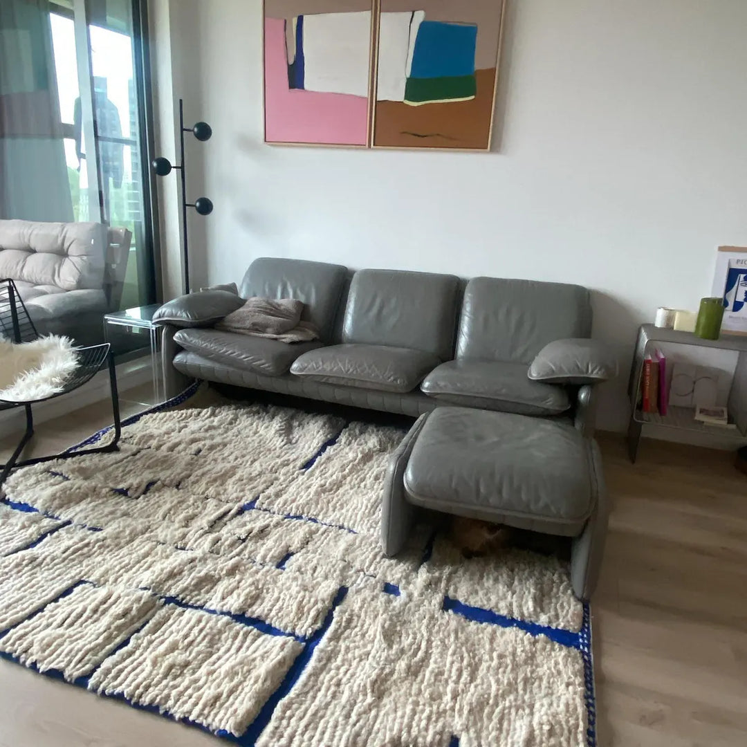 Custom White &amp; Blue Moroccan Wool Rug – Handmade