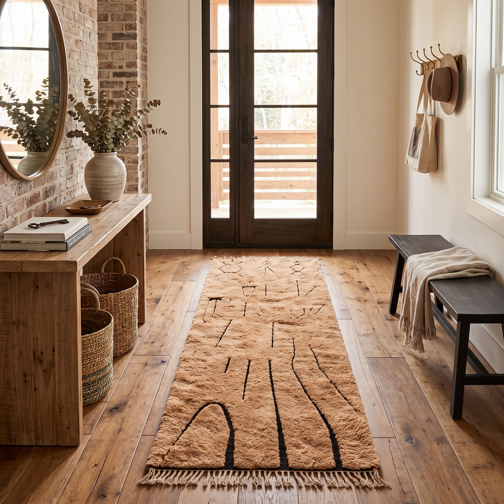 Earth tone Moroccan wool runner rug with carved Berber symbols and black lines