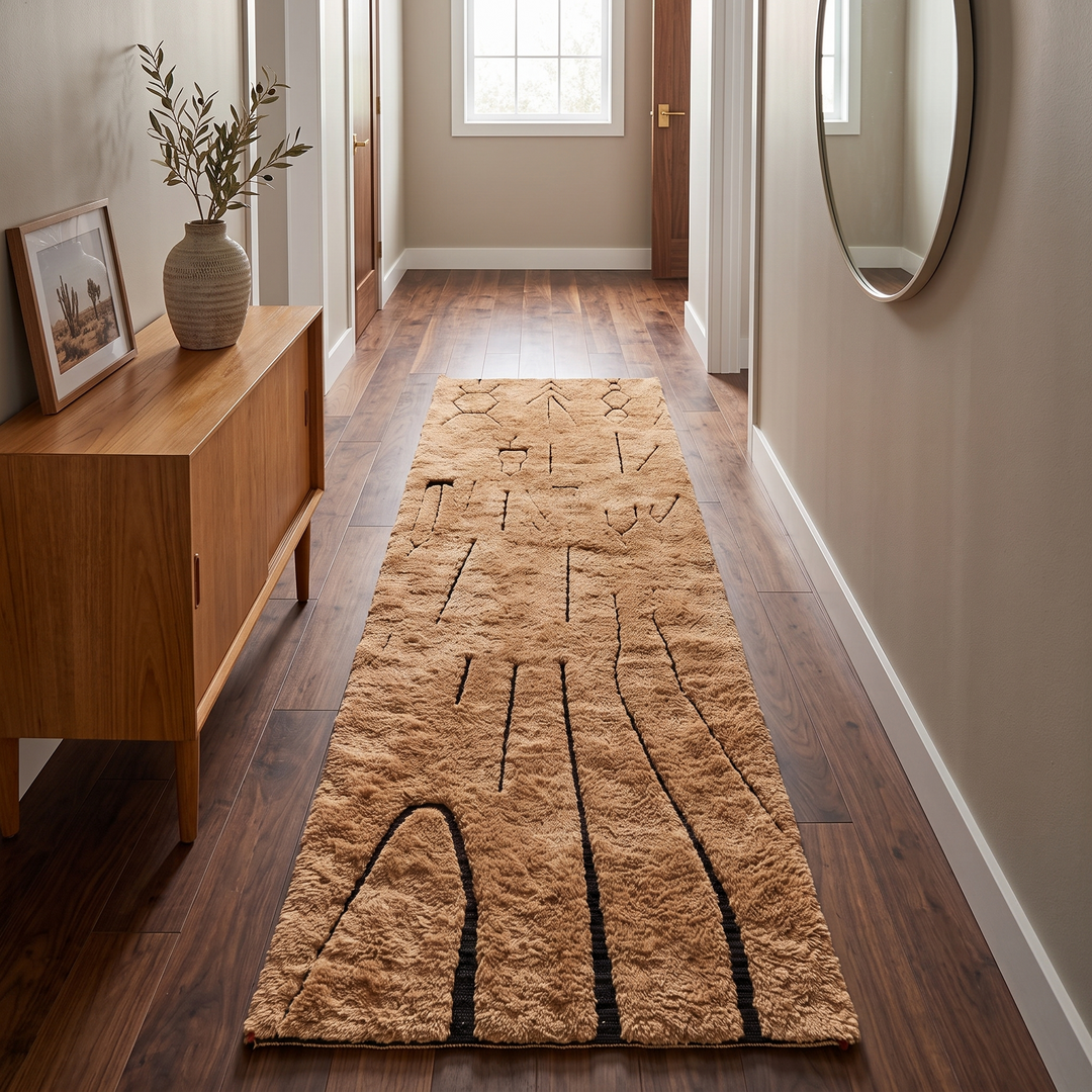 Earth tone Moroccan wool runner rug with carved Berber symbols and black lines
