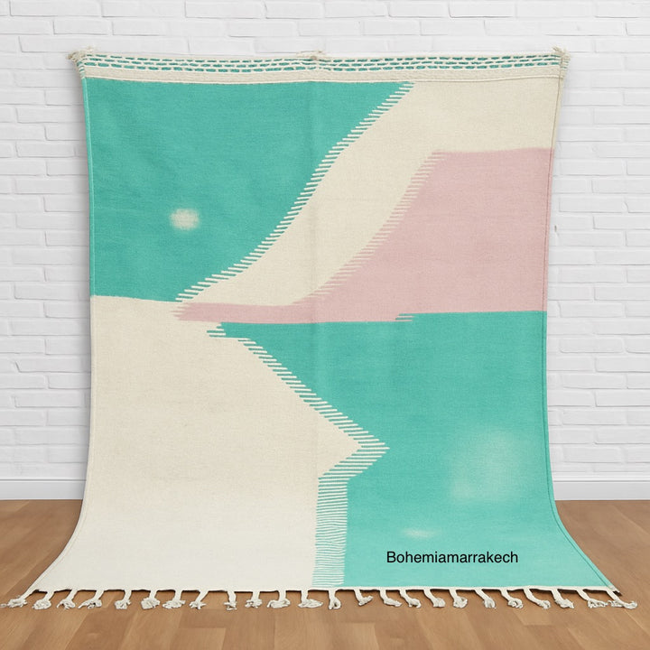 Flatweave Moroccan Rug – Abstract Turquoise &amp; Pink Wool Carpet