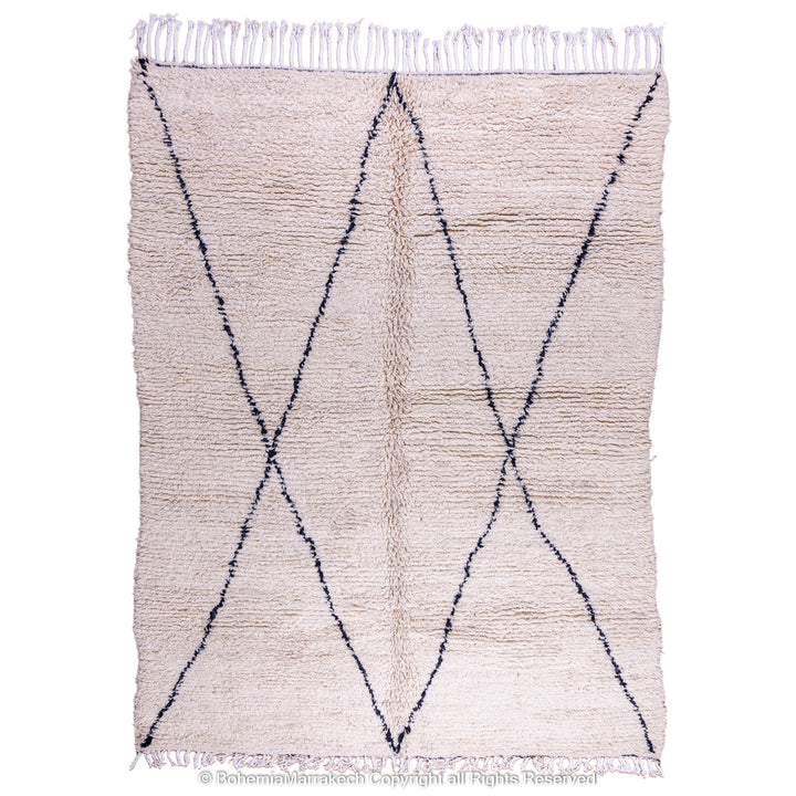 Handmade Beni Ourain Moroccan wool rug with black diamond design on cream background