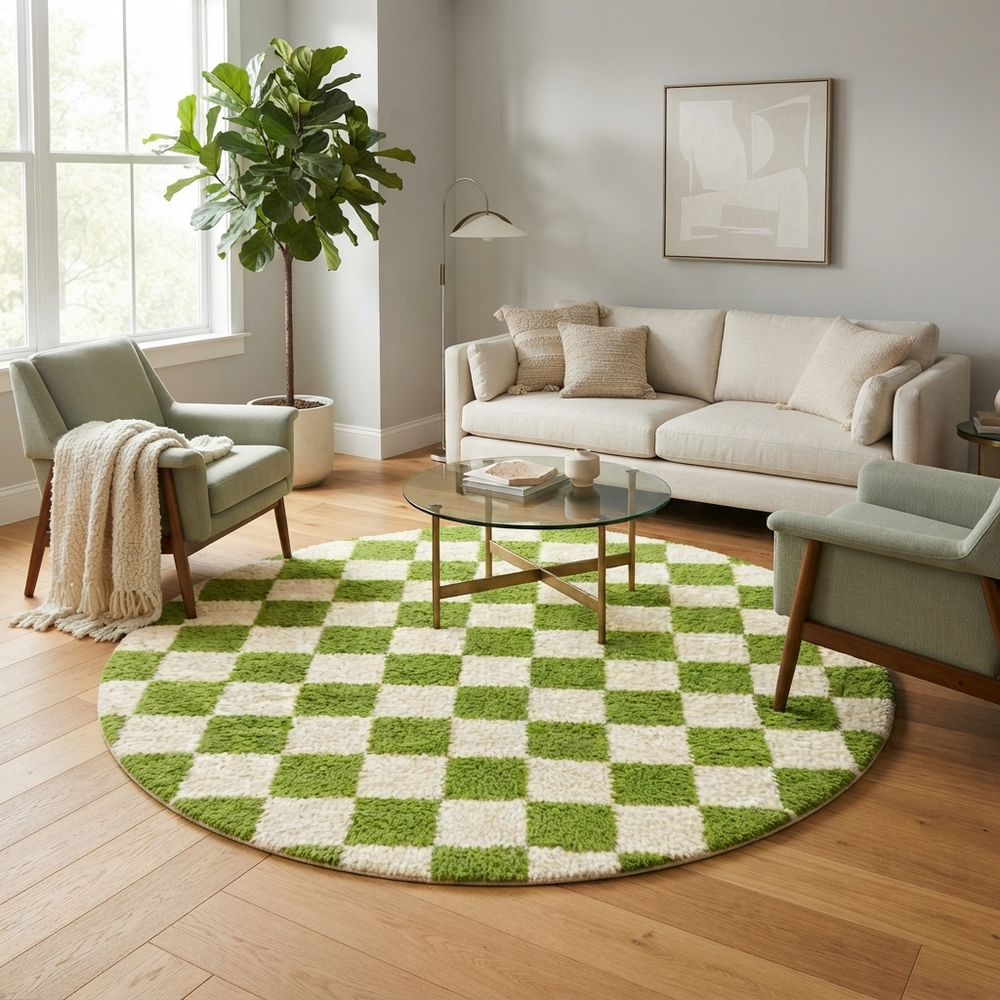 Round handmade Moroccan rug with vibrant green and white checkered pattern