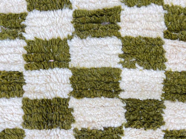 Handmade green checkered Moroccan wool rug with cream squares and fringe – Berber artisan rug