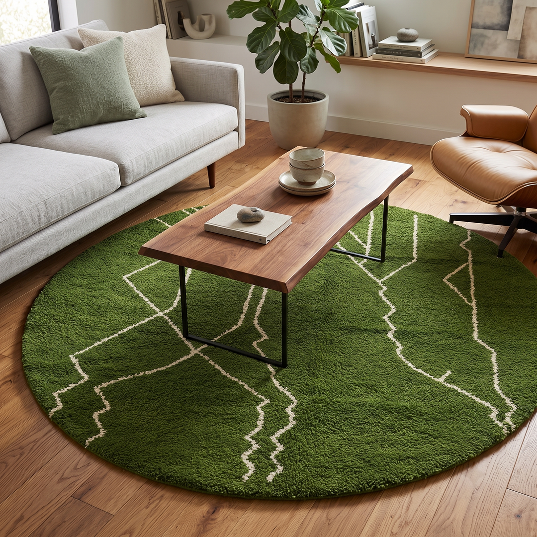 Green Moroccan round rug with white Berber line pattern, handmade wool.