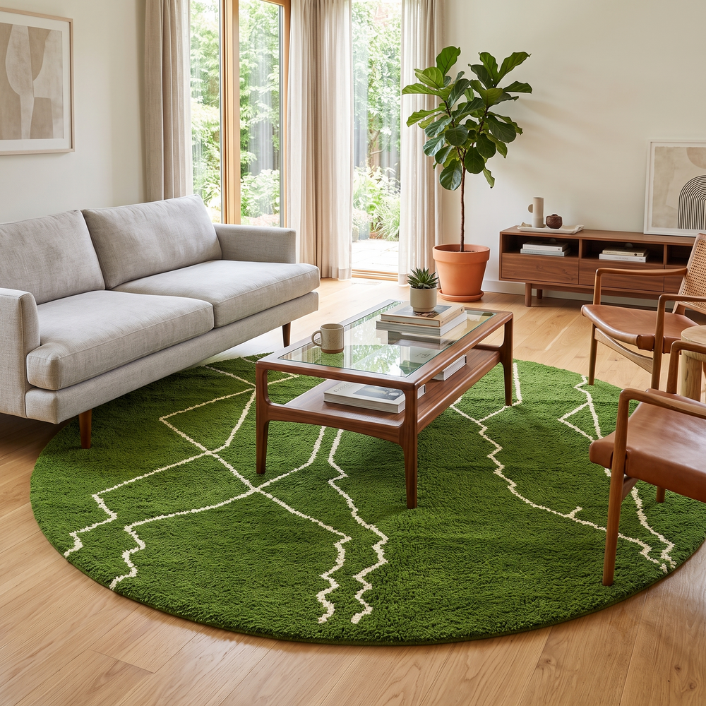 Green Moroccan round rug with white Berber line pattern, handmade wool.