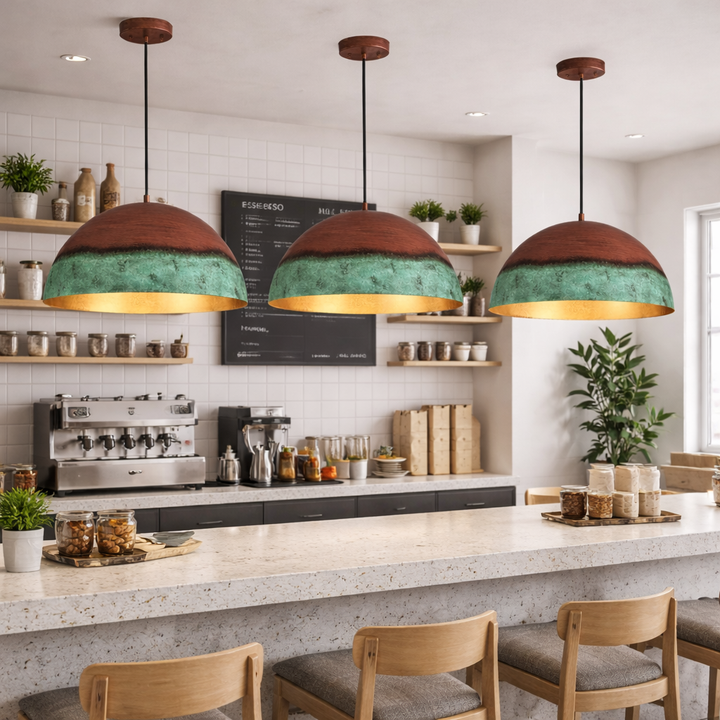 Green Patina &amp; Copper Dome Pendant Light – Handmade Moroccan Kitchen Island Hanging Lamp