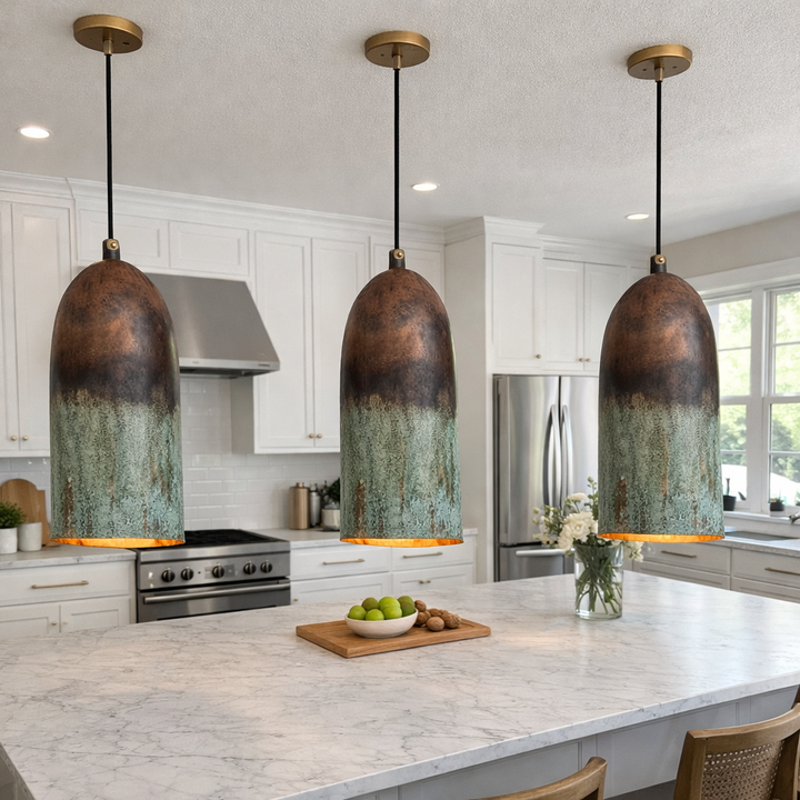 Handmade Moroccan Copper Pendant Light – Green Patina Kitchen Island Hanging Lamp