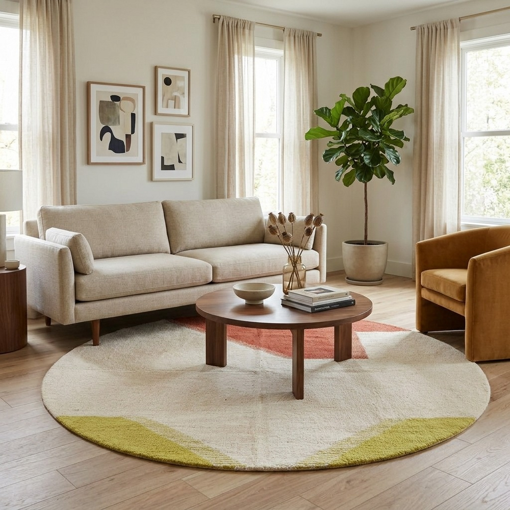 Handmade Moroccan kilim flatweave rug with cream background and abstract terracotta and green color blocks in a round shape.