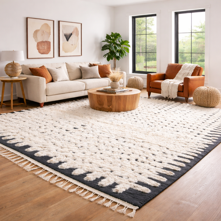 Large Moroccan Wool Rug – White &amp; Black Grid Pattern Handmade