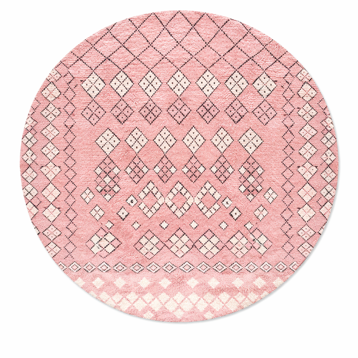 Round pink Moroccan wool rug with ivory diamond Berber motifs and fine black geometric lines, handmade Amazigh wool area rug.