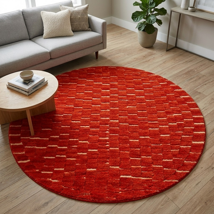 Handmade round Moroccan wool rug with rich textured surface and modern minimalist design.