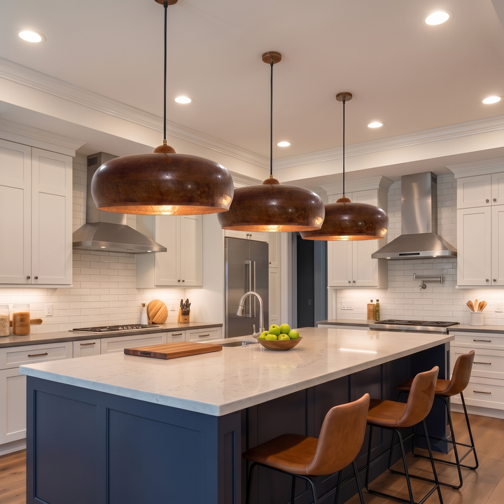 Handmade hammered copper pendant light with a wide Moroccan dome design, displayed in a modern luxury living room.