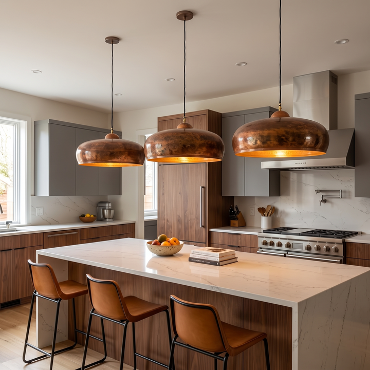 Handmade hammered copper pendant light with a wide Moroccan dome design, displayed in a modern luxury living room.