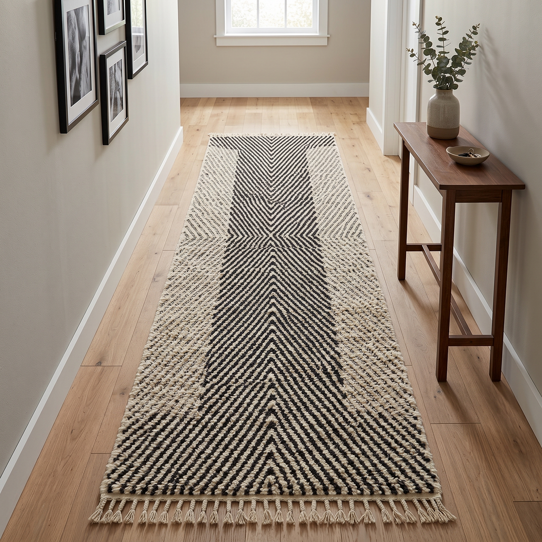Handmade Moroccan runner rug black and white geometric chevron wool design