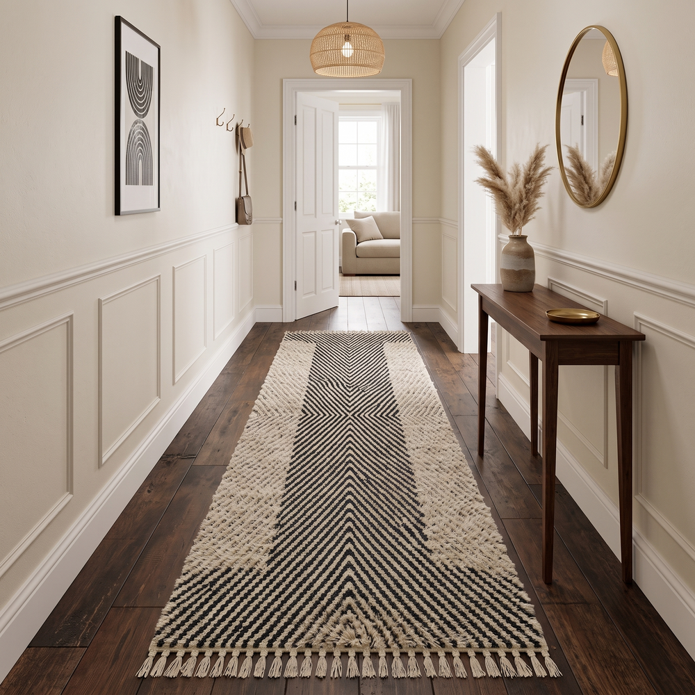 Handmade Moroccan runner rug black and white geometric chevron wool design