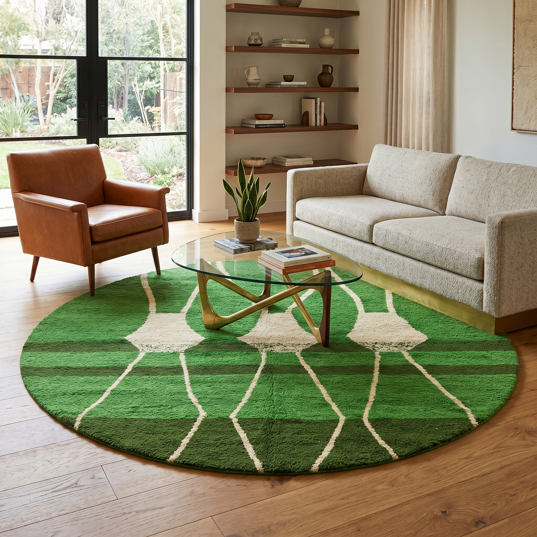 Round handmade Moroccan wool rug in green with ivory Berber pattern