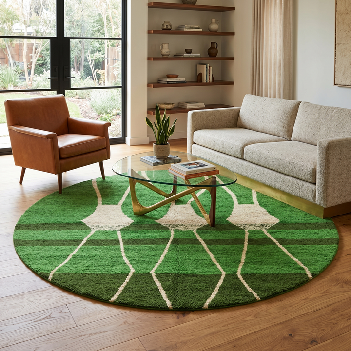 Round handmade Moroccan wool rug in green with ivory Berber pattern