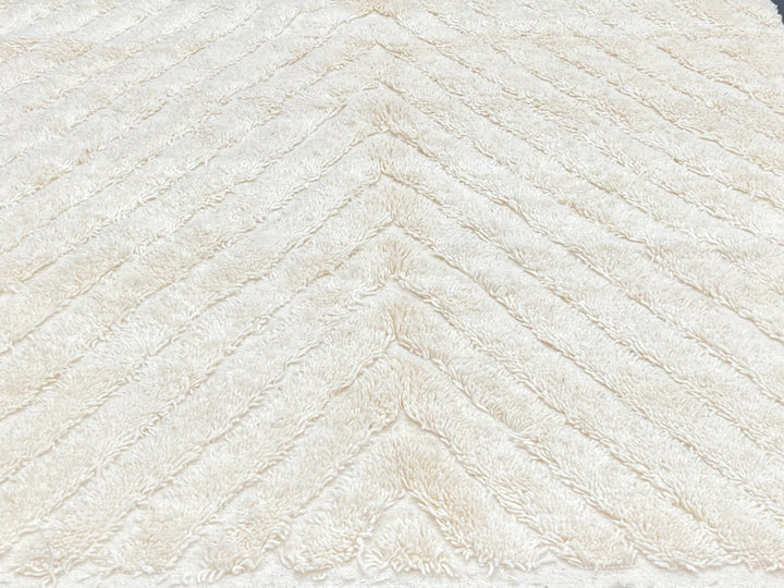 Beige textured rug with tassels on a black floor against a light gray brick wall.
