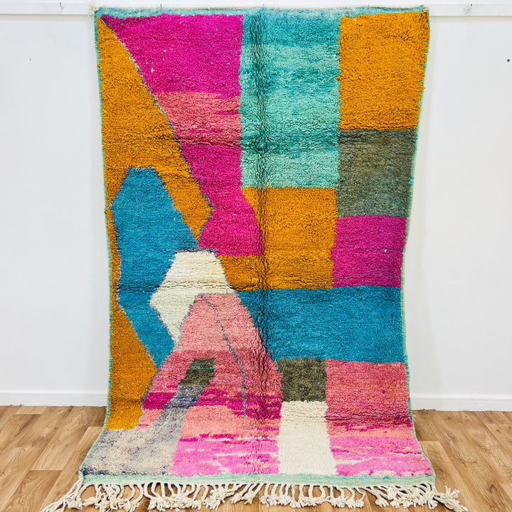 Color Block Moroccan Berber Rug with fuchsia, turquoise, saffron, and cream color blocks, 100% wool, 246 x 153 cm.