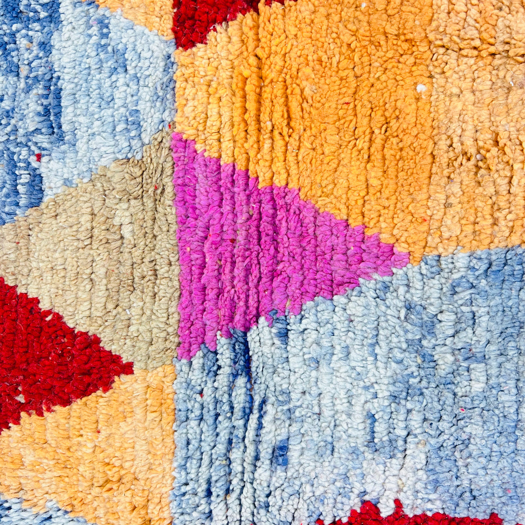 Vintage Moroccan wool rug No. 366 with geometric shapes in pink, orange, blue, and red – 245x160 cm

