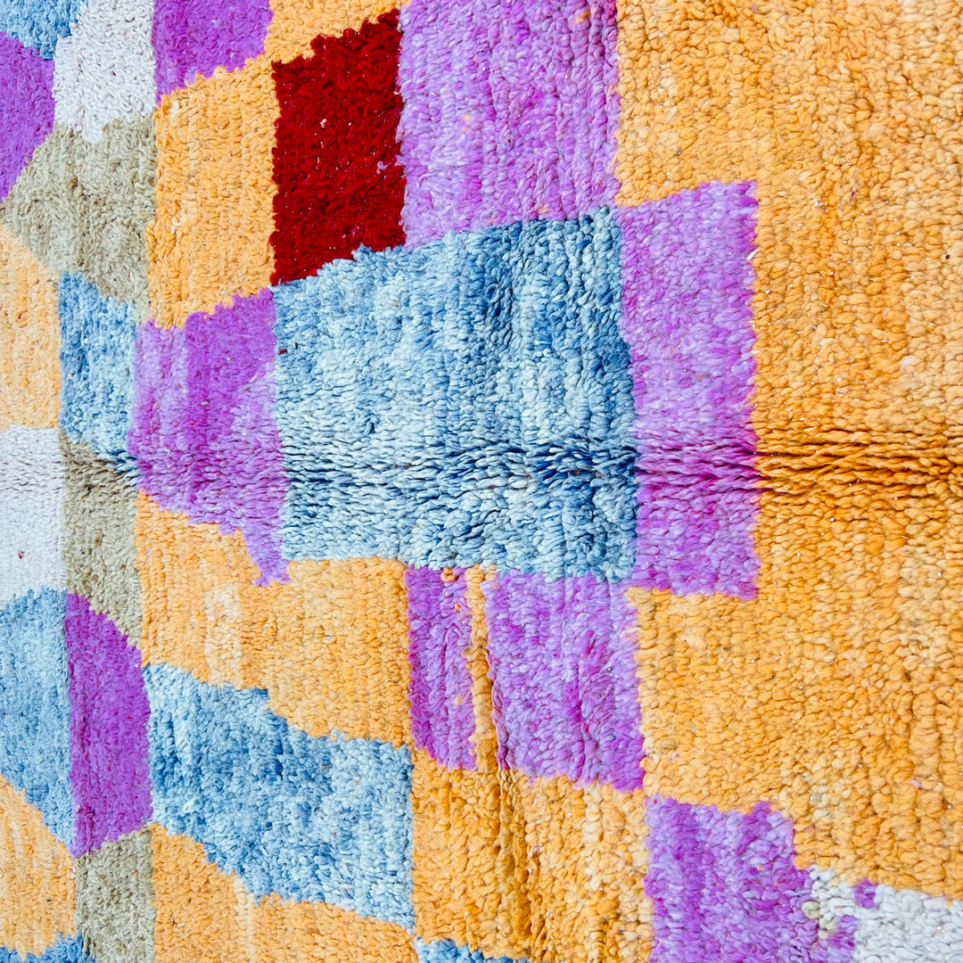Vintage Moroccan wool rug No. 366 with geometric shapes in pink, orange, blue, and red – 245x160 cm

