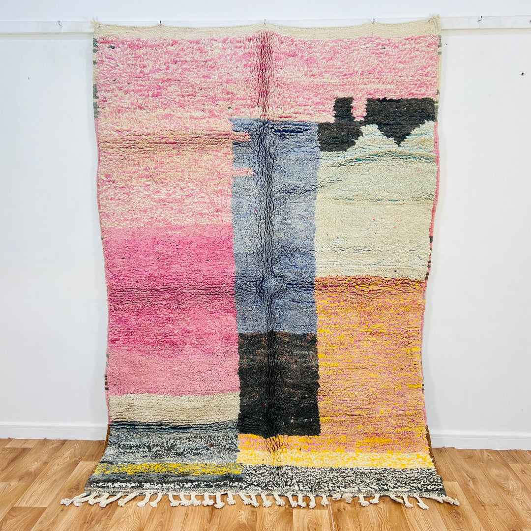 Handmade vintage Moroccan wool rug with pink, yellow, gray, and cream block pattern – size 245 x 160 cm

