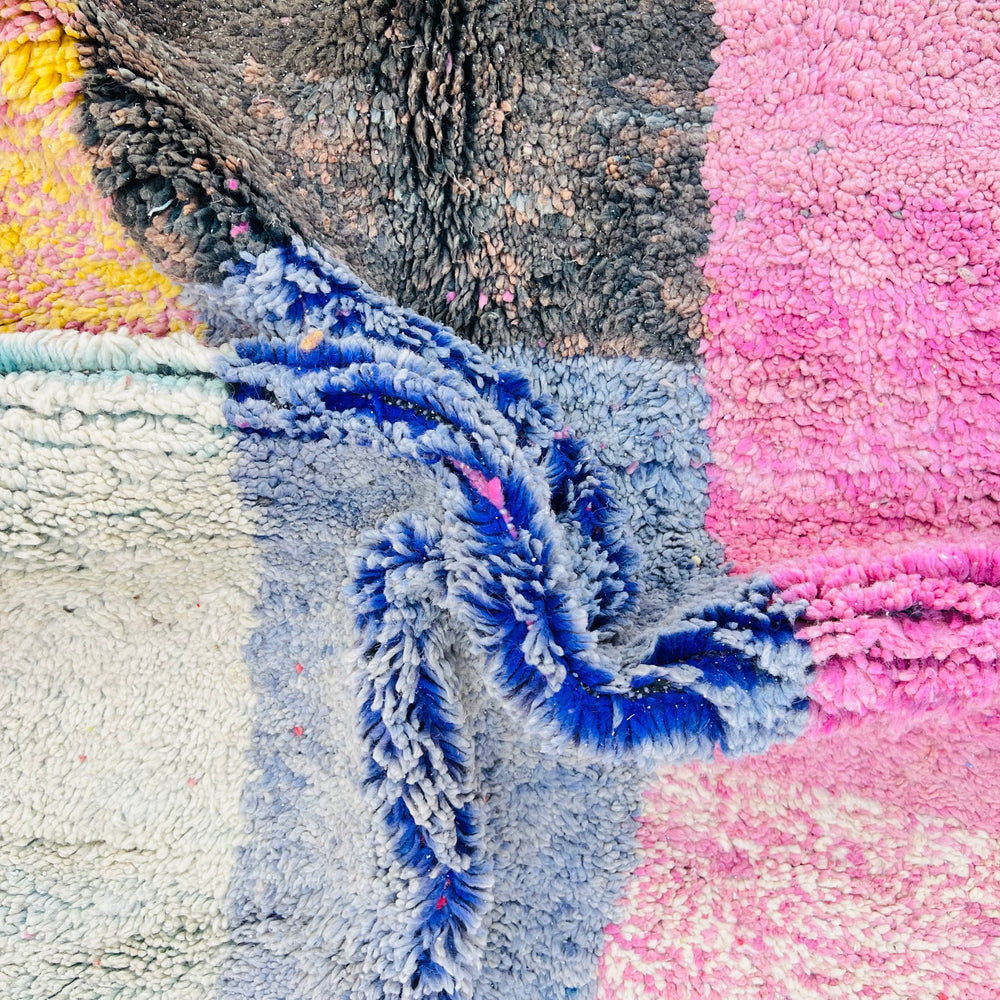 Handmade vintage Moroccan wool rug with pink, yellow, gray, and cream block pattern – size 245 x 160 cm



