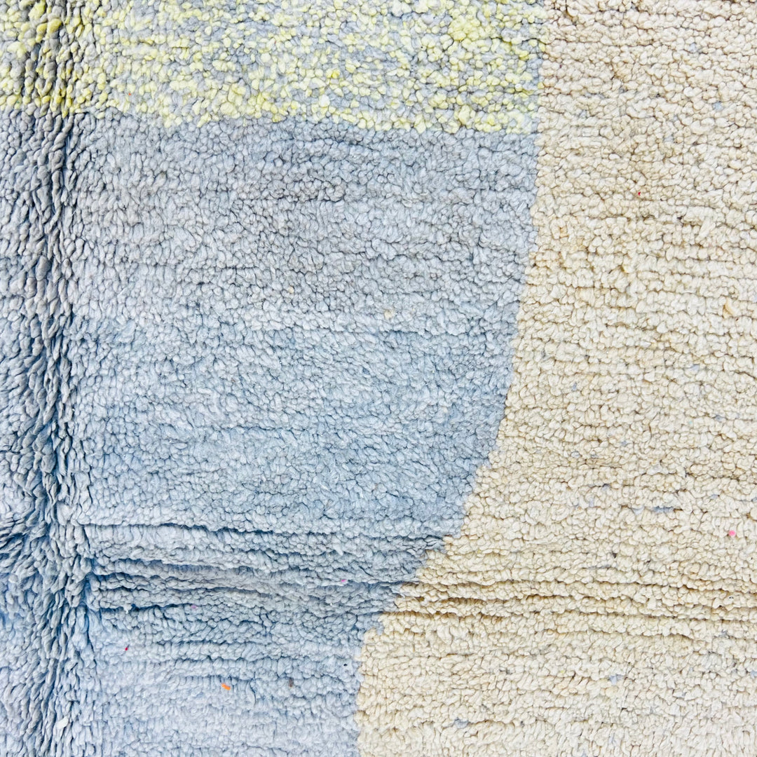 Vintage Moroccan rug with colorblock design in beige, yellow, teal, and grey – Rug 594 (240x157 cm)

