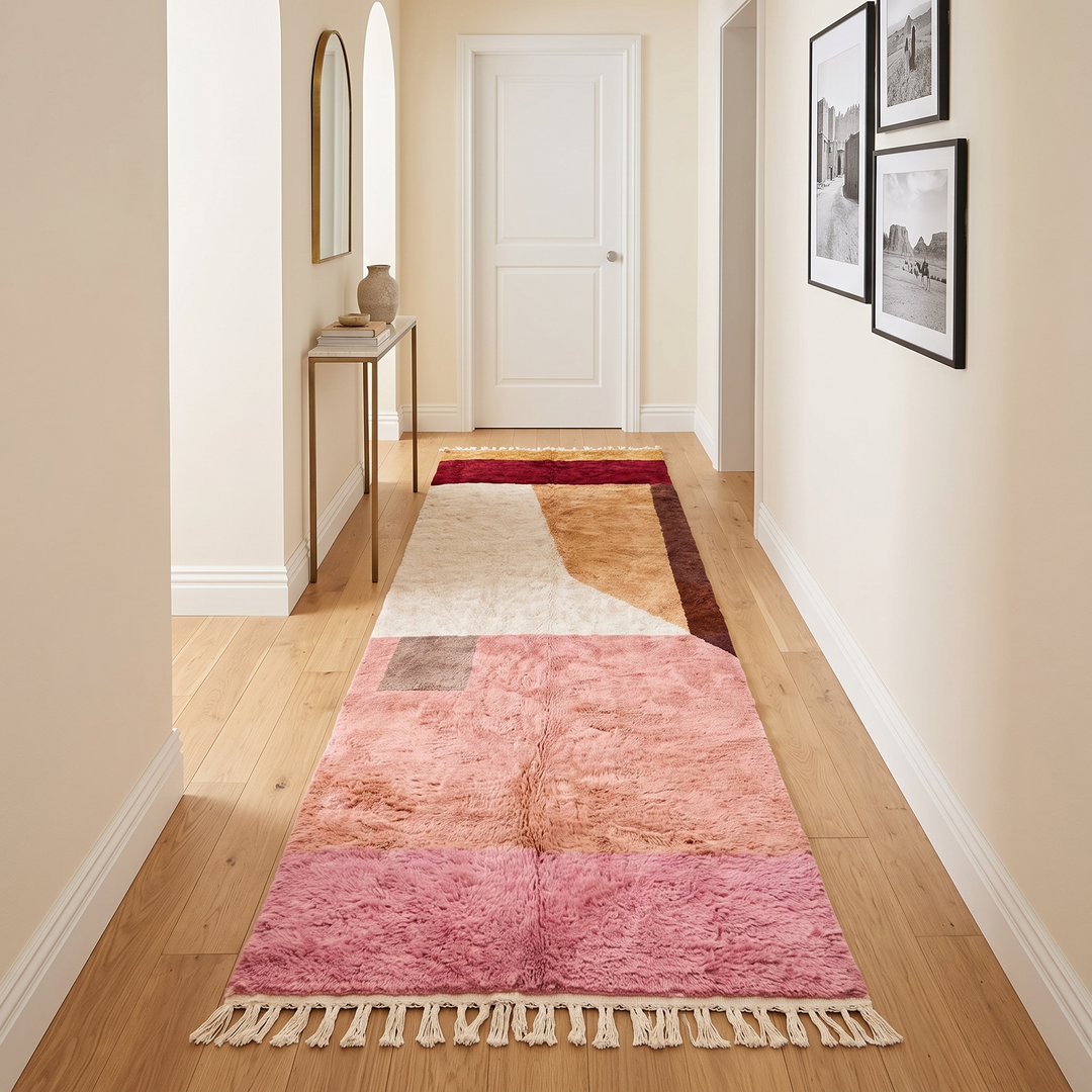 Luxury handmade Moroccan wool runner rug with artistic color block design