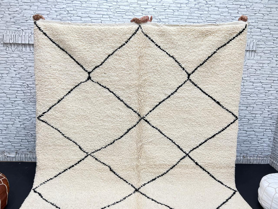 Minimalist Beni Ourain Moroccan wool rug with black diamond pattern