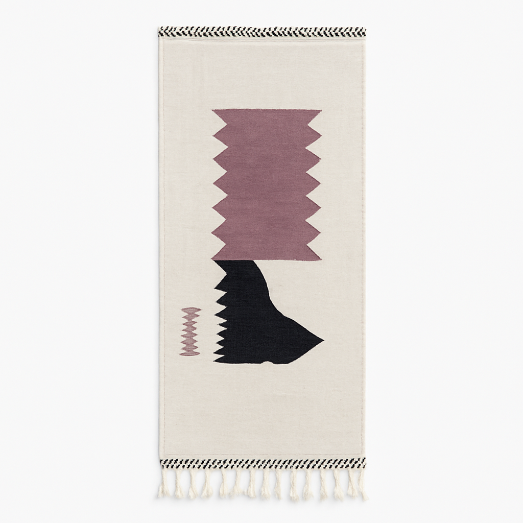 Handmade Moroccan runner rug with abstract  purple and black geometric shapes on white background, minimalist flatwoven wool hallway rug