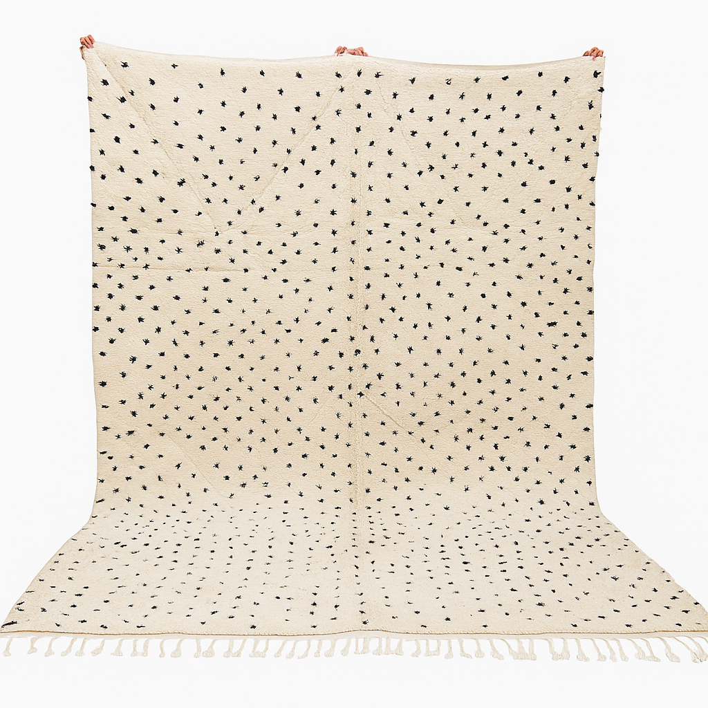 Handwoven Moroccan wool rug with small black dotted patterns on an ivory background, minimalist Beni Ourain design