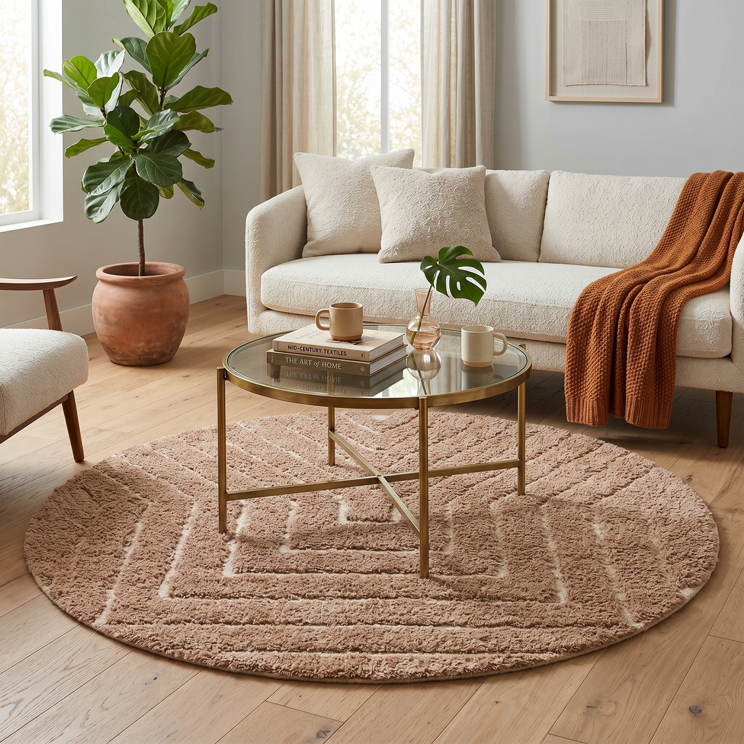 Authentic round Moroccan Berber rug handmade from natural wool with traditional tribal motif in warm beige tones