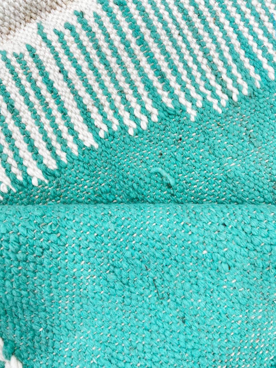 Handwoven Moroccan flatweave wool rug in mint green, rose, and beige – geometric kilim Berber carpet