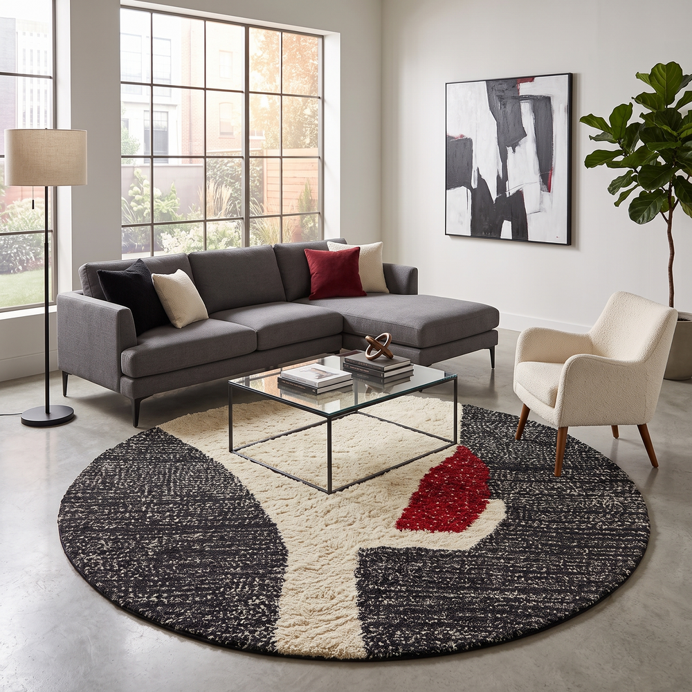 Round modern Moroccan rug with abstract black, white, and red textured pattern.