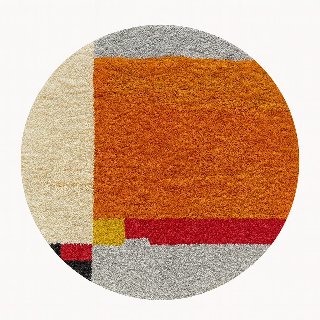 Round handmade Moroccan wool rug with a bold abstract geometric design in burnt orange, ivory, gray, red, yellow, and black.