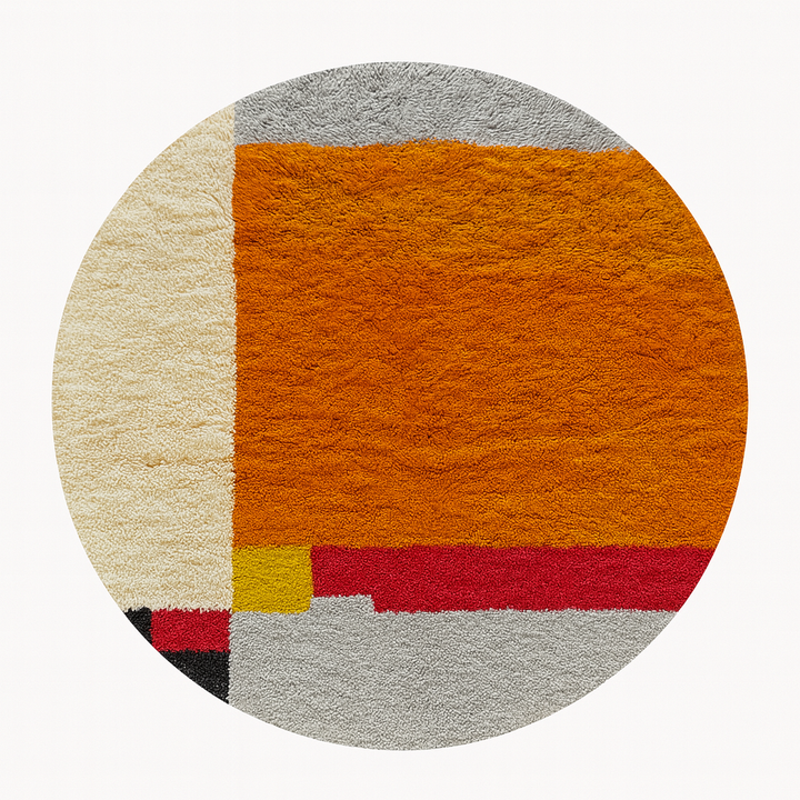 Round handmade Moroccan wool rug with a bold abstract geometric design in burnt orange, ivory, gray, red, yellow, and black.